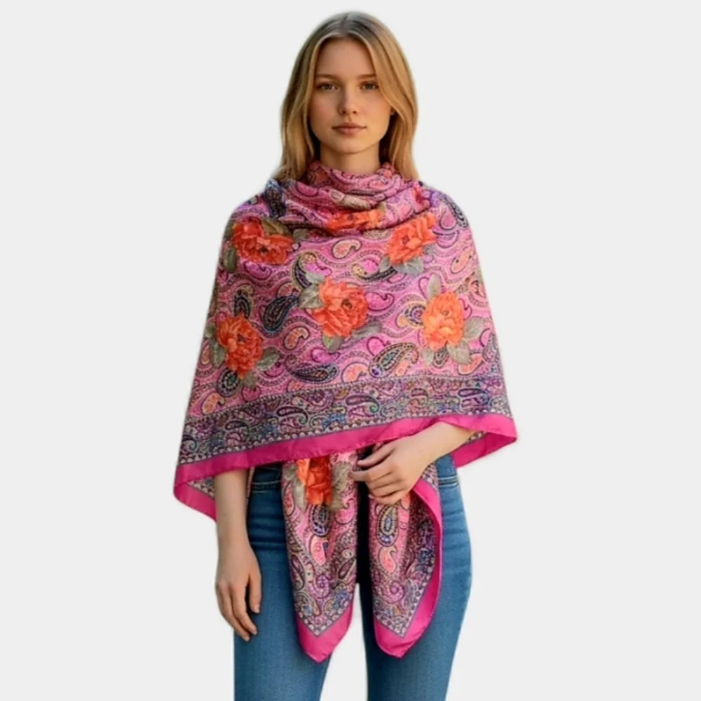 Adrienne Vittadini 100% Silk Paisley Floral Scarf Wrap Shawl. Magenta Pink Multi